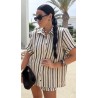 Lniany set Stripes bezowo czarny