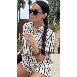 Lniany set Stripes bezowo czarny