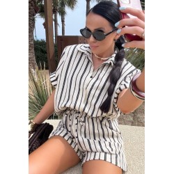 Lniany set Stripes bezowo czarny