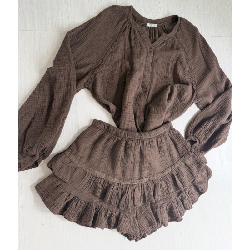 Muslinowy set Bilbao ze spodenkami czekolada