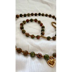 Choker z sercem + bransoletka oliwkowo koralowy