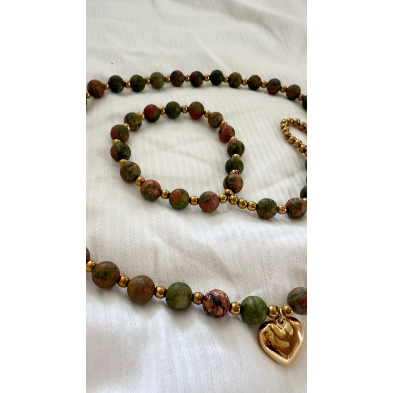 Choker z sercem + bransoletka oliwkowo koralowy