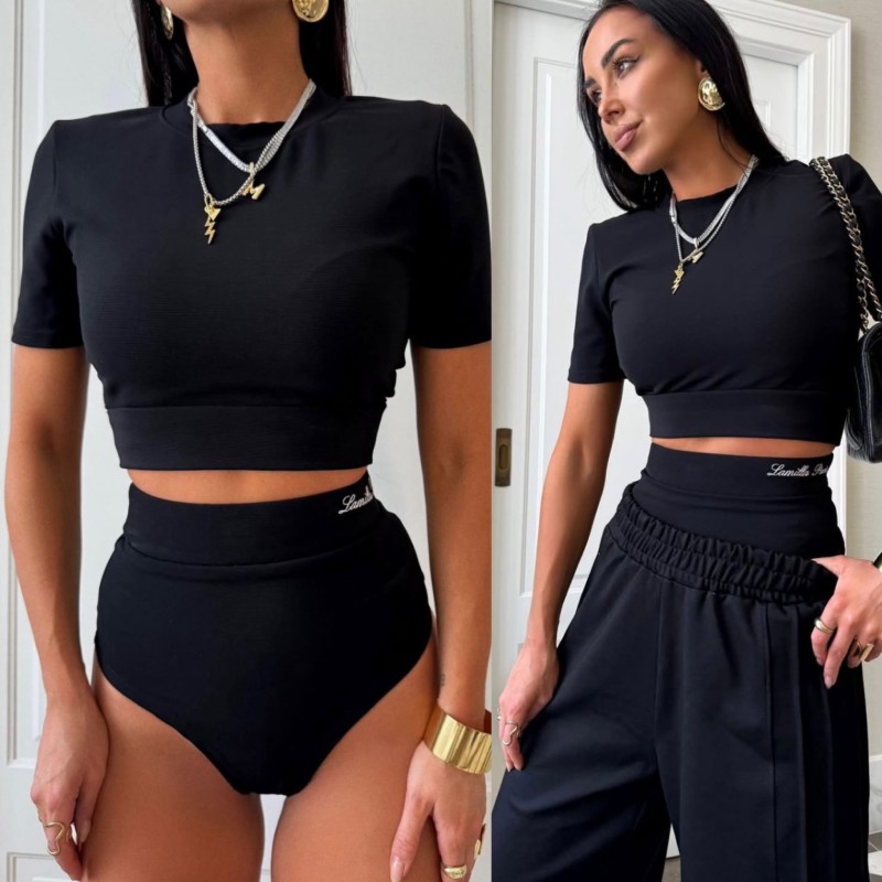 Prazkowany set  La Milla Top + majtk z haftem( czarny lub brazowy)