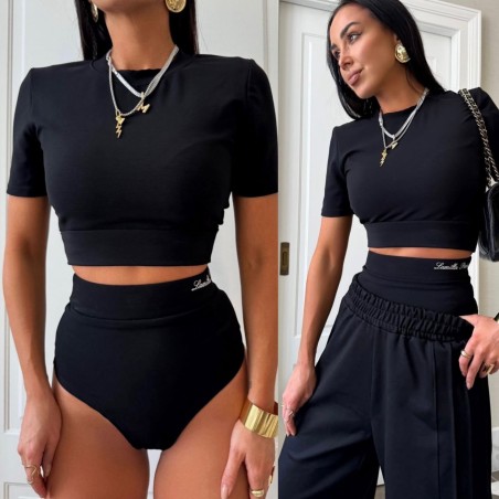 Prazkowany set  La Milla Top + majtk z haftem( czarny lub brazowy)