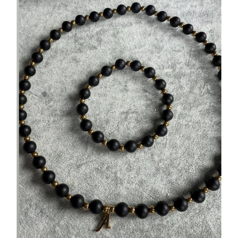 Zestaw z onyksu choker z literka + bransoletka klasyczna