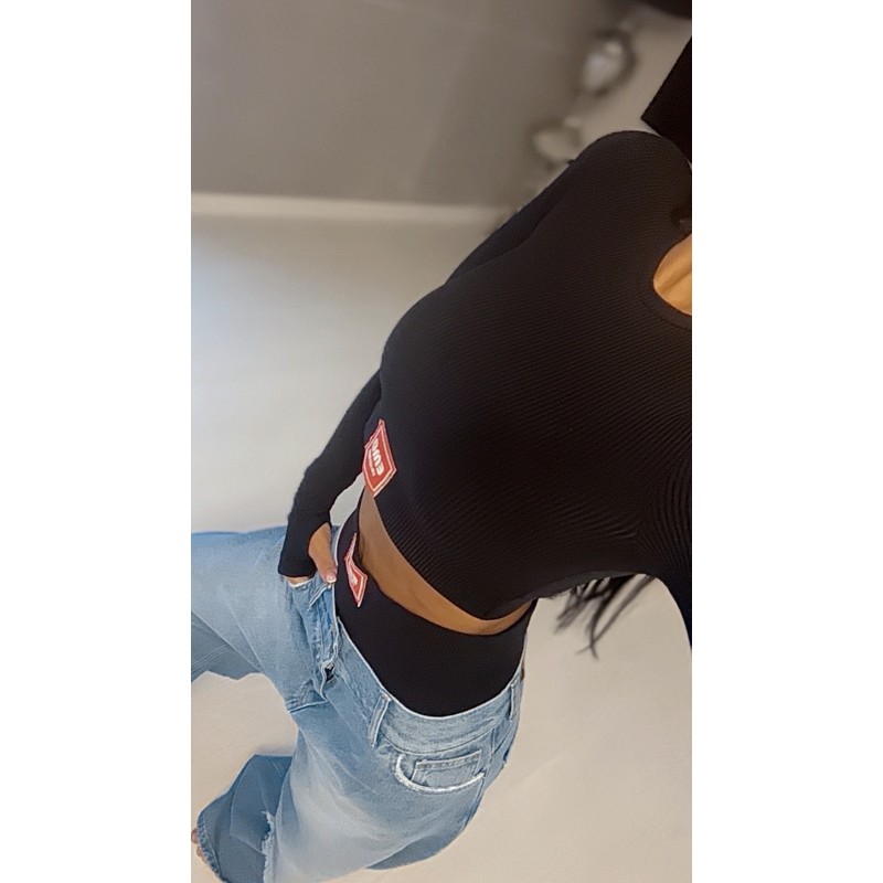 Prazkowana bielizna Emo czarna ( czerwona naszywka )